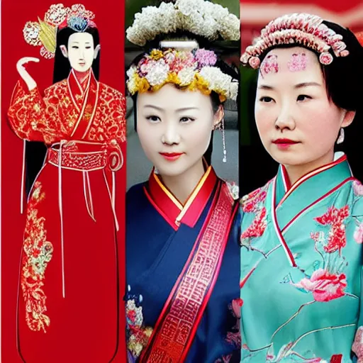 Prompt: traditional Chinese Court Ladies Adorning Their Hair With Flowers, while the ladies wearing a suit of protective clothing.