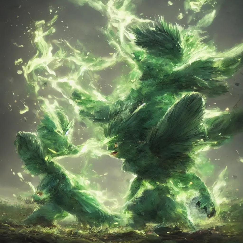 Image similar to a cute beautiful earth type pokemon, green feathers bursting out of his hair, full body shot, highly detailed digital art, 3 d perspective, award - winning illustration, aesthetic, smooth, pokemon style, made by greg rutkowski, with an alien landscape in the background