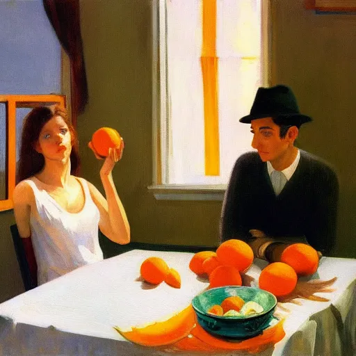 Prompt: oil painting of young leonard cohen in shabby room with beautiful woman wearing second hand clothes, with bowl of oranges on table, and view through window of boat on river, by edward hopper, by robert e. mcginnis