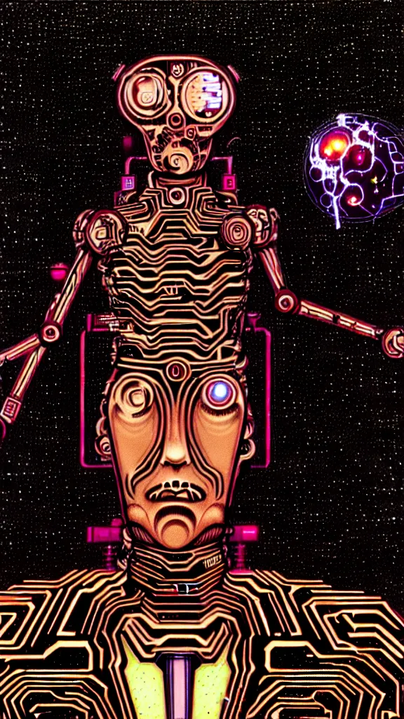 Image similar to a scifi illustration, a godlike ai comes online by thomas ligotti