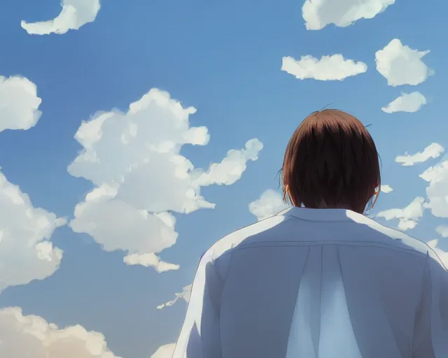 Image similar to teen looking at blue sky, wearing white shirt, back turned, looking up, illustration, by pine ( ハイネ ) and 薯 子 imoko and 香 川 悠 作 and wlop and maya takamura, highly detailed, trending artstation, pixiv, digital art