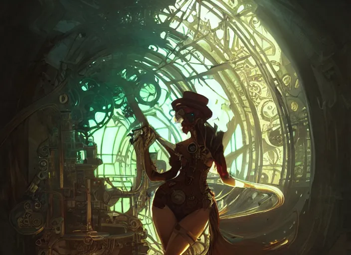 Image similar to woman model, steampunk!!! and modern, rgb, in decadent sewers, backlit, elegant, highly detailed, digital painting, artstation, concept art, smooth, sharp focus, illustration, art by krenz cushart and artem demura and alphonse mucha