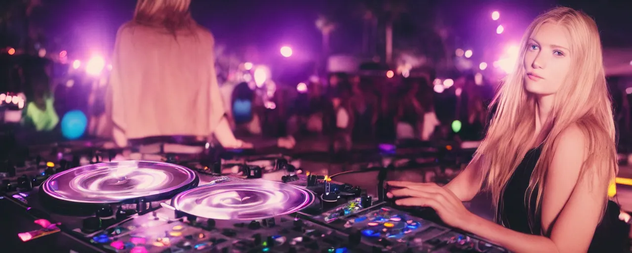 Image similar to A young, blonde-haired woman with soft facial features and blue eyes, 35mm photograph, neon lights in the background, DJing at coachella