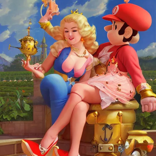 Prompt: mario marry princess peach, by huang guangjian and gil elvgren and sachin teng