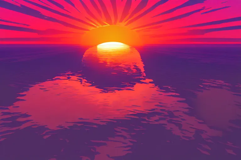 Prompt: Synthwave style sunset above the reflective sea in the style of Artstation