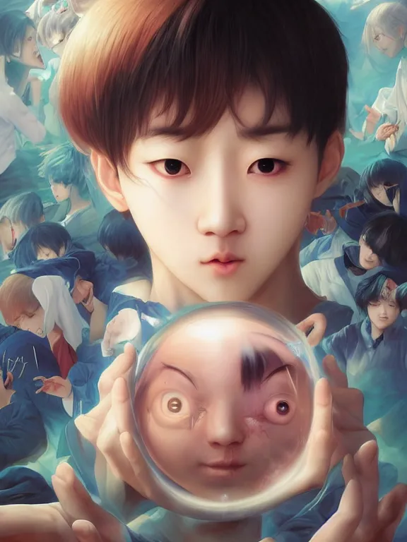 Prompt: Full shot of Kpop boy idol with an eyeball instead of head performing on stage. Orb Head. Sphere Head. Eyeball Head. BTS. Eye exam. Friendly horror. Realistic. Wonho. y Ruan Jia and Artgerm and Range Murata and WLOP and Ross Tran and William-Adolphe Bouguereau. Key Art. Fantasy Illustration. award winning, Artstation, intricate details, realistic, Hyperdetailed, 8k resolution.