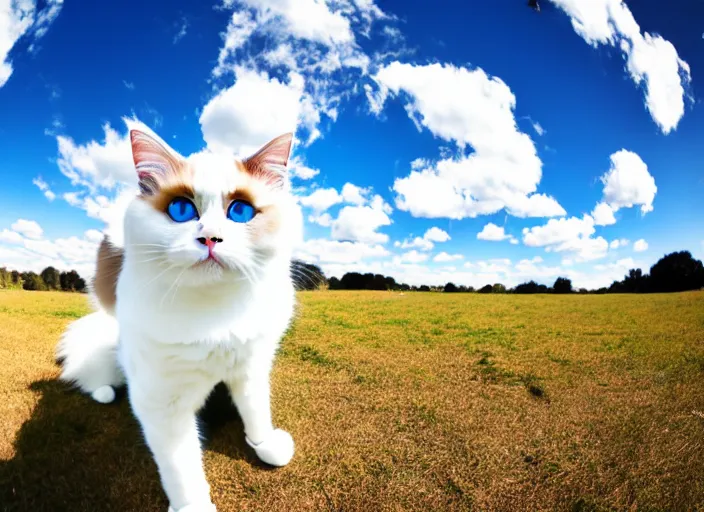 Image similar to a photo of a ragdoll cat wearing a business suit in a sunny field, fisheye lens