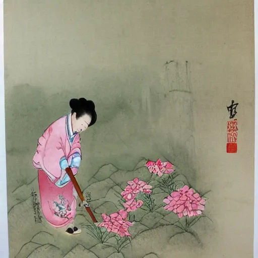 Prompt: lin dai - yu burying flowers, traditional chinese watercolor,