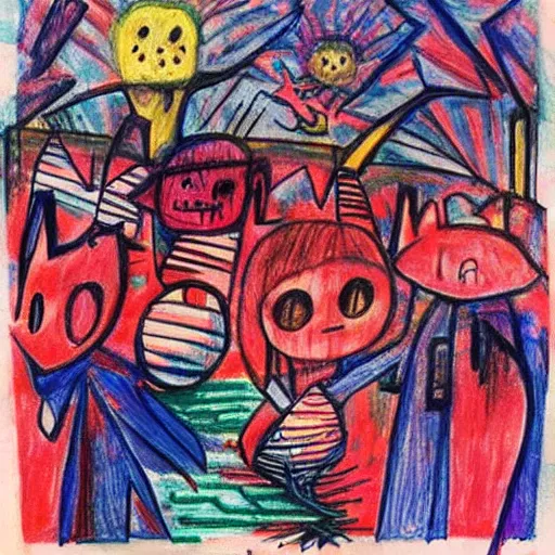 Image similar to abstract children’s drawing of the end of the world., horror,