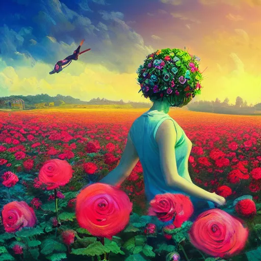 Image similar to giant rose flower head, full body girl sitting in a flower field, surreal photography, sunrise, dramatic light, impressionist painting, colorful clouds, digital painting, artstation, simon stalenhag