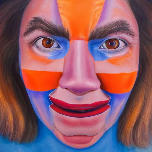 Prompt: A realistic painting of a human face, with a blue mouth, red nose, orange eyes, purple ears.