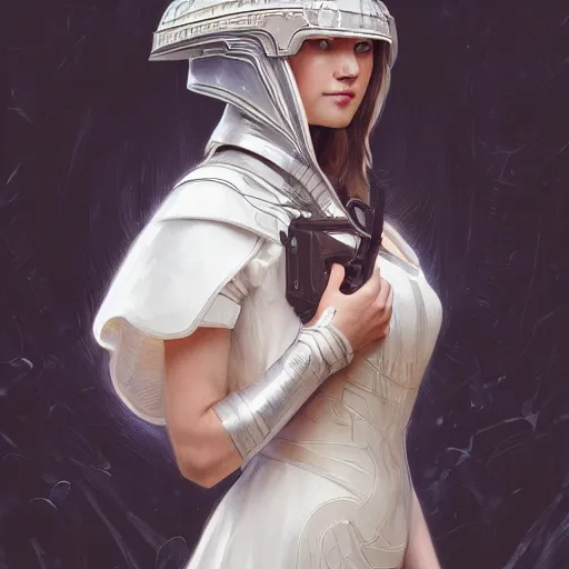 Image similar to portrait of a young woman wearing an elegant white dress and a knight helmet, scared, intricate, headshot, highly detailed, digital painting, artstation, concept art, sharp focus, cinematic lighting, illustration, art by artgerm and greg rutkowski, alphonse mucha, cgsociety