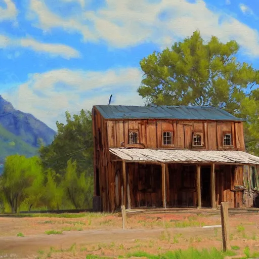 Prompt: painting of a rustic exterior in old western town