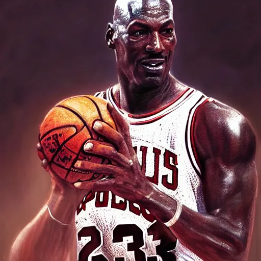 Prompt: epic portrait of michael jordan, dunking, detailed, digital painting, artstation, concept art, donato giancola, joseph christian leyendecker, wlop, boris vallejo, breathtaking, high details, extremely detailed, establishing shot, artistic, hyper realistic, octane render