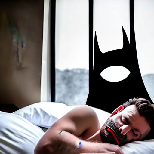 Image similar to man sleeping in bed with white tentacle mask with batman lurking menacingly in the window