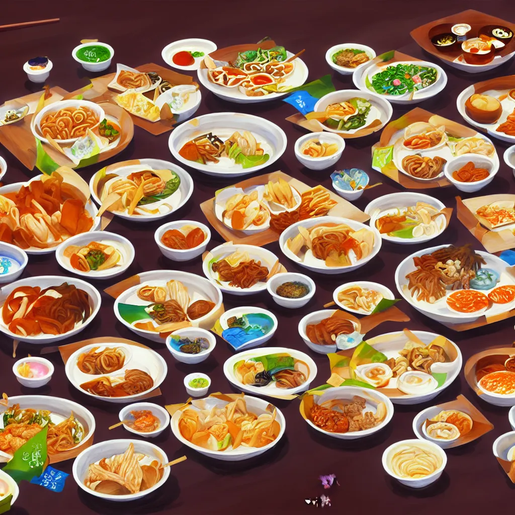 Image similar to a painting of a table full of korean foods, concept art by taro yamamoto, pixiv contest winner, auto - destructive art, official art, concept art, pixiv