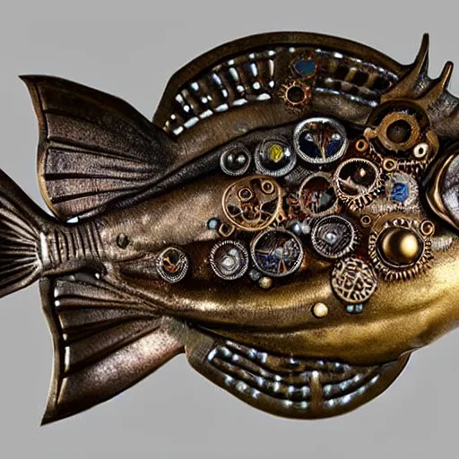 Prompt: steampunk fish, made of brass, copper and silver, with engraving and jewels, hyper real, photo