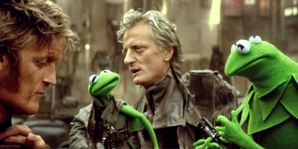 Image similar to Kermit the frog talking to Rutger Hauer on the set of the movie bladerunner, 3d detailed, digital art