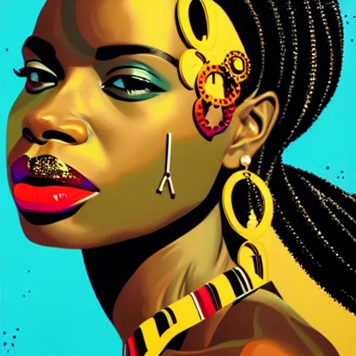 Image similar to portrait of african woman :: side profile :: in ocean :: clockwork details :: gold :: blood and horror :: by marvel and Sandra Chevrier