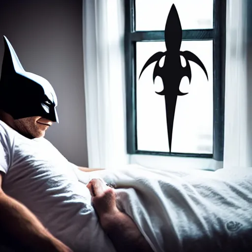 Image similar to man sleeping in bed with white tentacle mask with batman lurking menacingly in the window