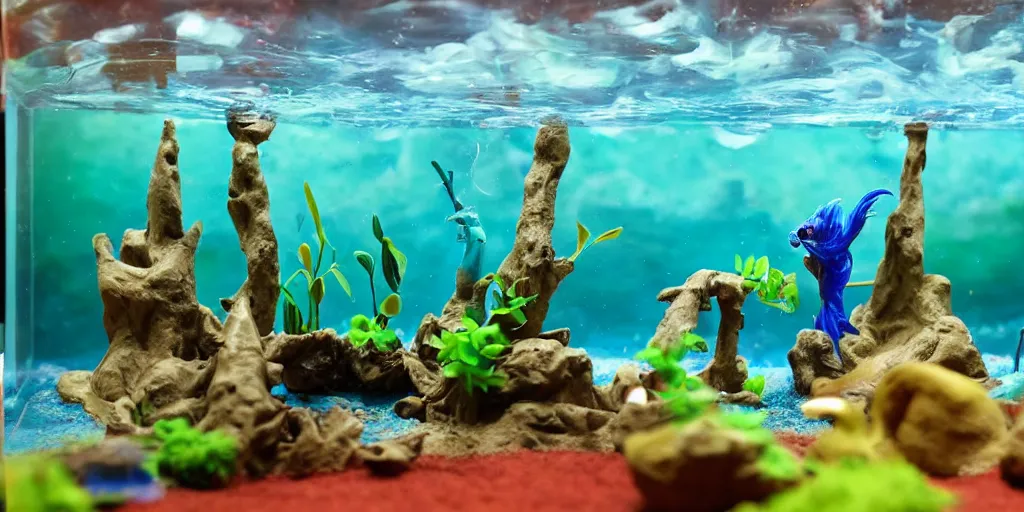 Prompt: plasticine model in water. figures clay. siamese fighting fish. clay figure. surreal. tropical fish tank with sand. strange. weird. astrix and obelisk. tintin. hands. tank. wallace and gromit. aquatic photography. photorealistic. waiting room