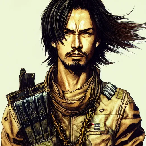 Prompt: portrait of a hero holding his sword in front of his face by yoji shinkawa, high quality, extra details, realism, ornate, colored, golden chain, blood, white skin, short hair, brown eyes, vivid, sunlight, dynamic, american man, freedom, white american soldier, ball point pen