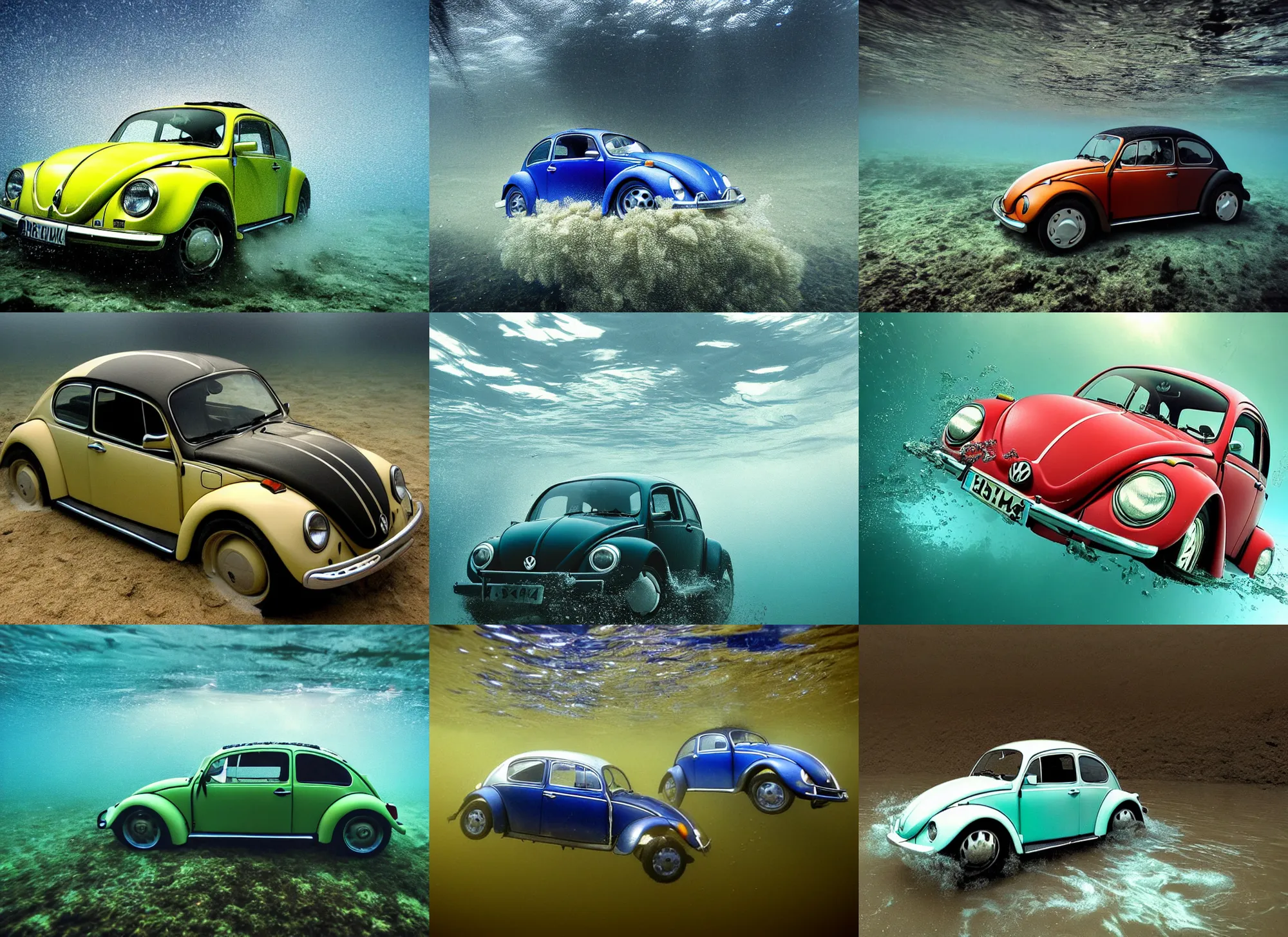 Prompt: Volkswagen beetle under water
