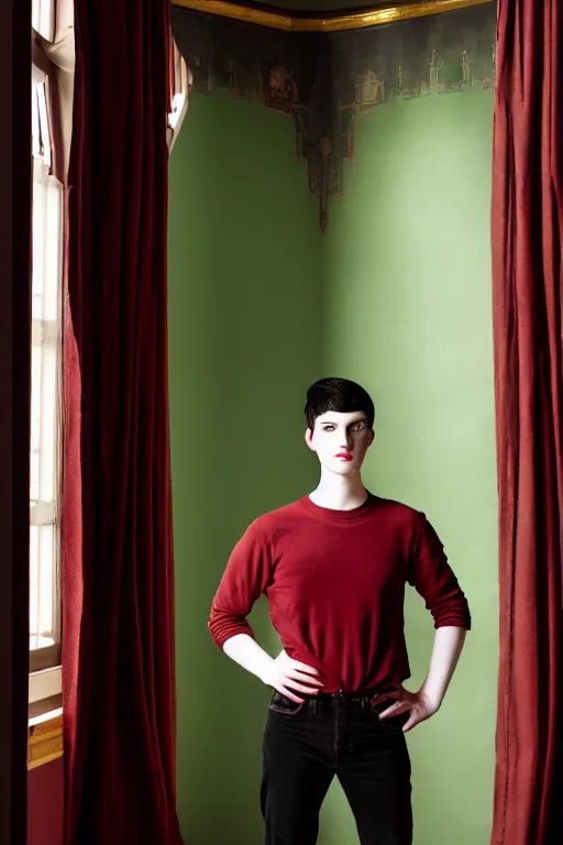 Prompt: androgynous male with black short hair and pale skin is standing in front of a mirror surrounded by victorian interior in a room with tall windows dark red curtains and moos green flooring by leonardo da vinci. volumetric lighting, petspective room layout