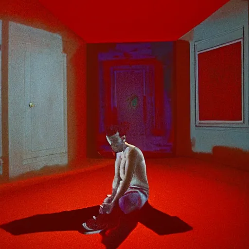 Prompt: a schizophrenic guy with a stratification of consciousness suffers in despondency in the hyper expanse of the red room