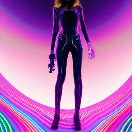 Image similar to long Shot of psychedelic Black widow standing in mysterious chromatic astral temple , stylish, lsd, soft, behance, cinematic, artwork by WLOP