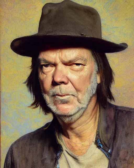 Prompt: neil young, portrait painting by richard schmid, anthony van dyck, kehinde wiley, thomas moran, maxfield parrish, studio ghibli, loish, alphonse mucha, fashion photography