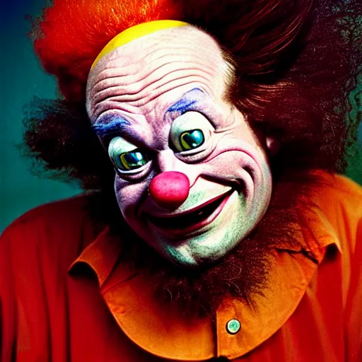 Image similar to uhd photorealisitc candid photo of krusty the clown. photo by annie leibowitz and steve mccurry