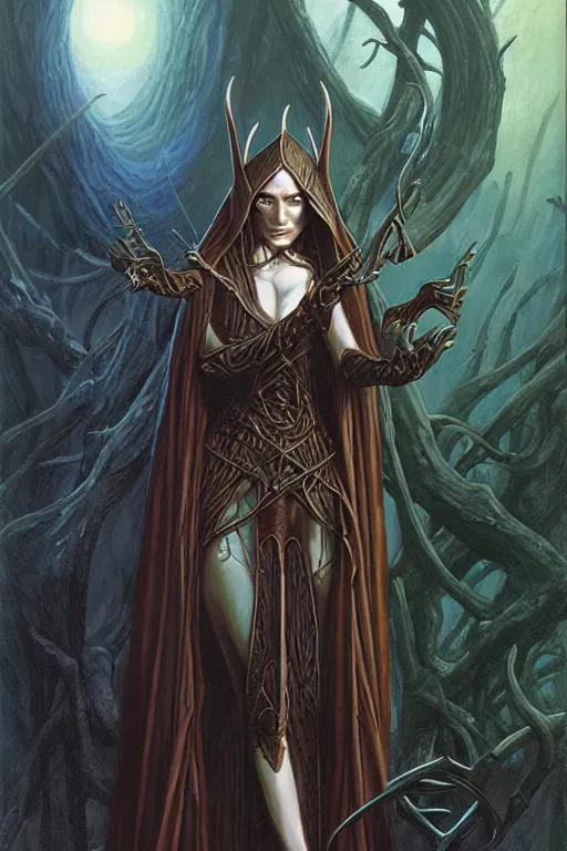 Image similar to a female elven wizard, grimdark fantasy by Gerald Brom