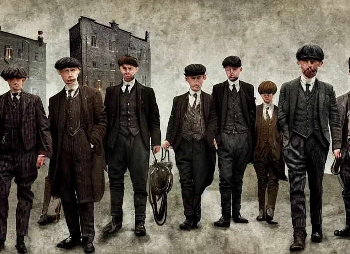 Prompt: peaky blinders crew made out of shrimp, poster, matte painting, 3 - d highly detailed, in the style of mark ryden,