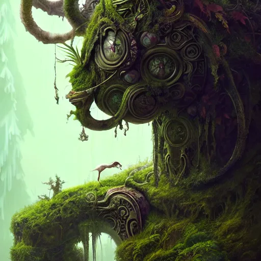 Image similar to ancient fallen god, lush trunda vegetation, snow :: by Michal Karcz, Daniel Merriam, Victo Ngai and Guillermo del toro :: ornate, dynamic, particulate, intricate, elegant, highly detailed, centered, artstation, smooth, sharp focus, octane render, 3d