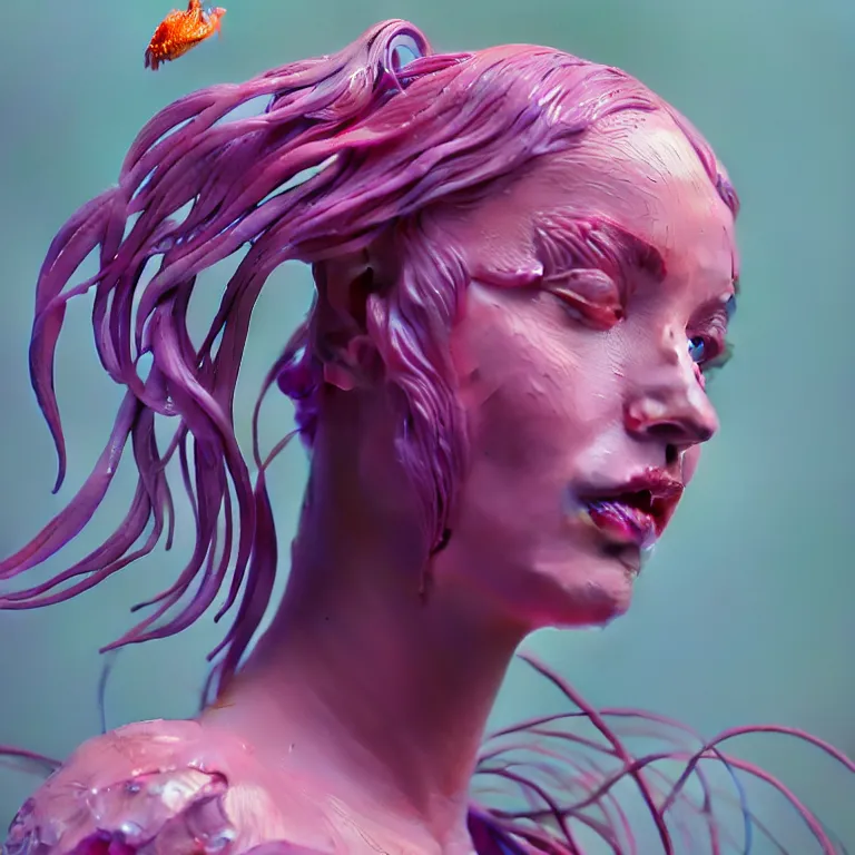 Image similar to goddess full painted acryllic sculpture close-up portrait. orchid bird phoenix jellyfish betta fish, intricate artwork by Tooth Wu and wlop and beeple. octane render, trending on artstation, greg rutkowski very coherent symmetrical artwork. cinematic, hyper realism, high detail, octane render, 8k