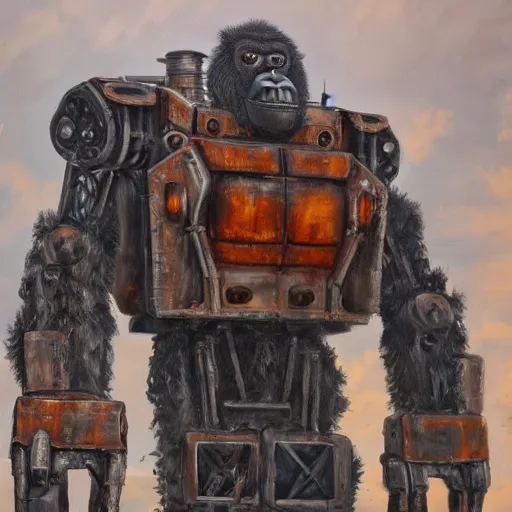 Prompt: oil painting of a huge rusting mech, that resembles a gorilla, highly detailed, complex, intricate