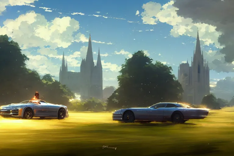 Image similar to a driving cathedral, scene in an open field. key visual, conceptart, ambient lighting, highly detailed, digital painting, artstation, concept art, sharp focus, by makoto shinkai and akihiko yoshida and greg manchess