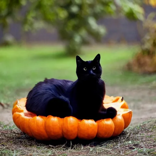 Image similar to a singular black cat resting on top of a pumpkin, simple, cute