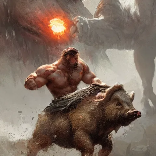 Image similar to barbarian fist fight wild boar, 8 k, trending on by tooth wu and greg rutkowski