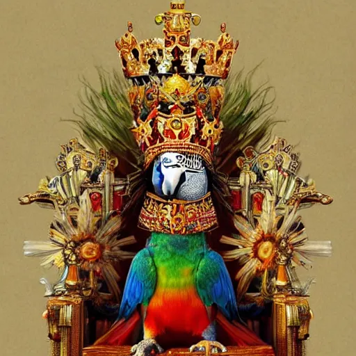 Image similar to A parrot king sitting on a throne with a crown on its head, digital art, detailed, realistic, artstation