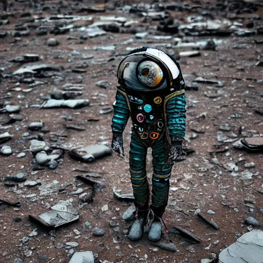 Prompt: a withered person in a space suit in the ruins of a futuristic city in a post-apocalyptic world on Mars, photography, award winning, 8k