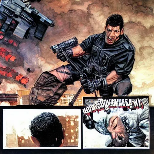 Image similar to The punisher fighting Neo. Epic painting by James Gurney and Belén Ortega.