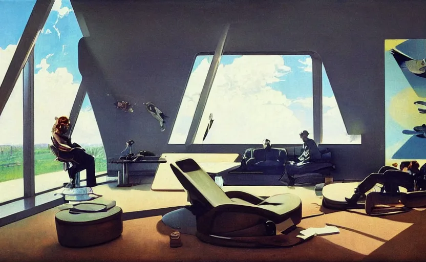 Image similar to a futuristic minimalist lounge room with a big window opening up to a wide open meadow with billowing clouds in the sky. highly detailed science fiction painting by norman rockwell, frank frazetta, and syd mead. rich colors, high contrast, gloomy atmosphere. trending on artstation.