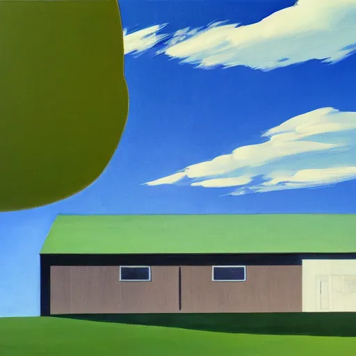 Image similar to dreaming futuristic rural landscape with modern houses, painted by Alex Katz and Edward Hopper, airbrush