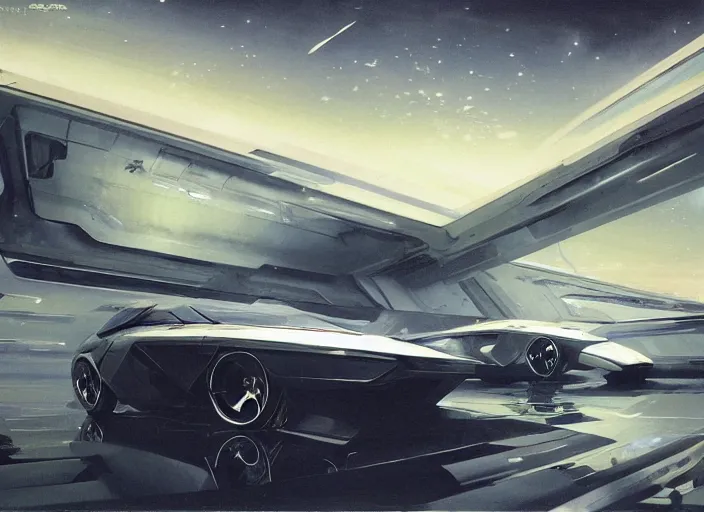 Prompt: luxurious futuristic sportscar with renaissance inspiration by John Berkey and Vincent Di Fate, rule of thirds, concept car, beautiful, in intergalactic hq, ethereal lighting, smooth,