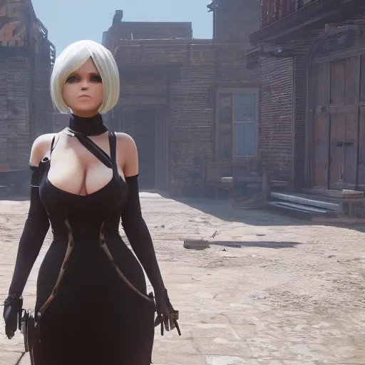 Image similar to Film still of 2B nier automata in a Town from Red Dead Redemption 2 (2018 video game), safe for work, medium full shot, detailed skin and thick thighs, artstation, artstation hq, hd, 4k