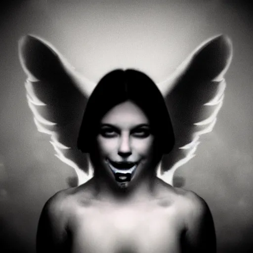 Image similar to angel, smiling, unnatural grin, horror, creepy, smoke, black, dark, glow