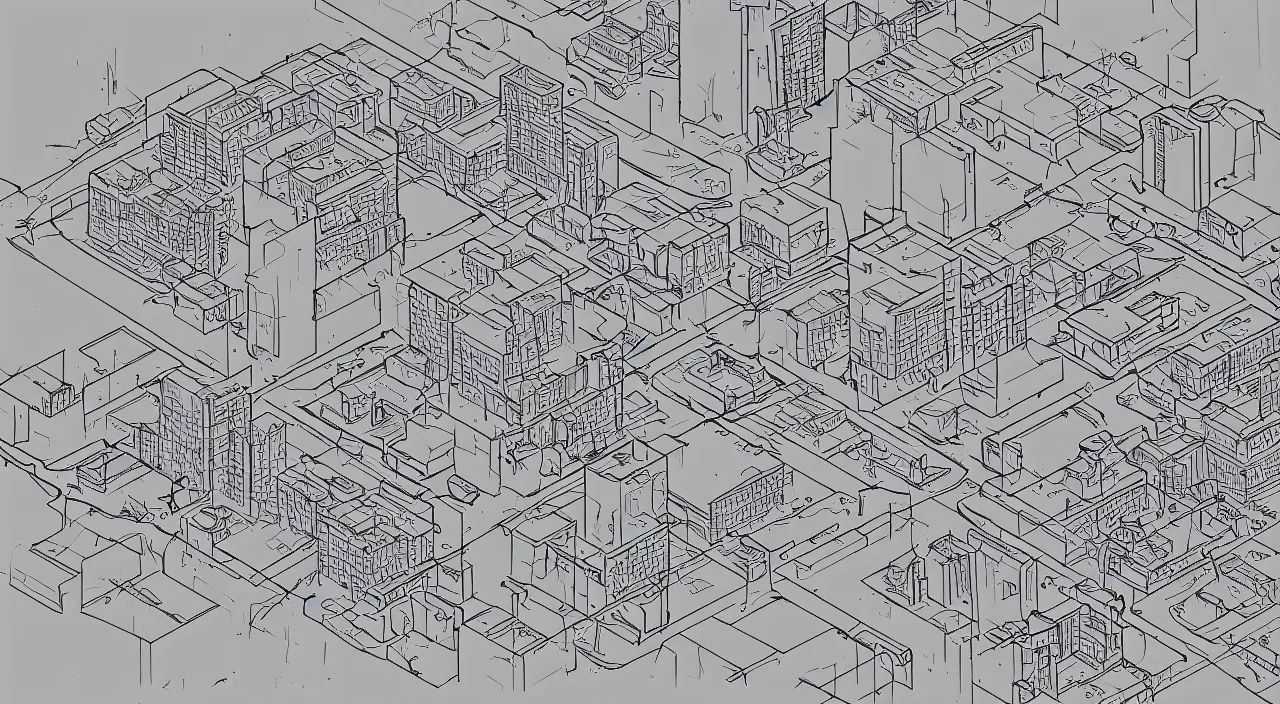 Image similar to exploded axon schematic drawinf of a typical city block, in vector drawing style of charles williams