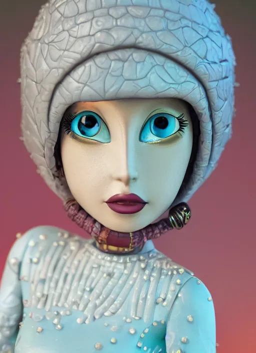 Image similar to closeup profile portrait of tin toy lana del rey eskimo igloo bikini, depth of field, zeiss lens, detailed, symmetrical, centered, fashion photoshoot, by nicoletta ceccoli, mark ryden, lostfish, breathtaking, 8 k resolution, extremely detailed, beautiful, establishing shot, artistic, hyperrealistic, octane render